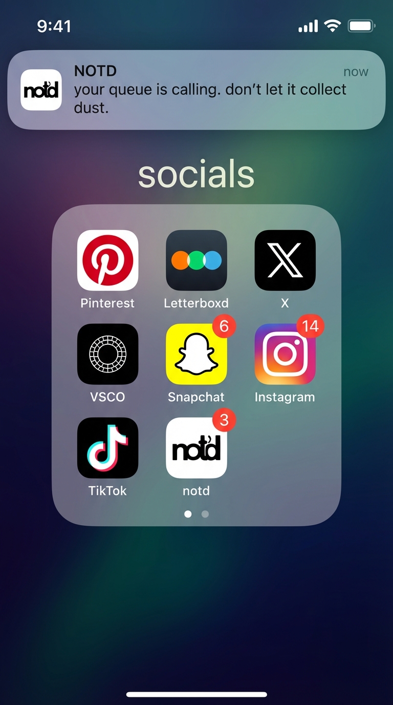 Homescreen mockup showing notd in the iOS socials folder
