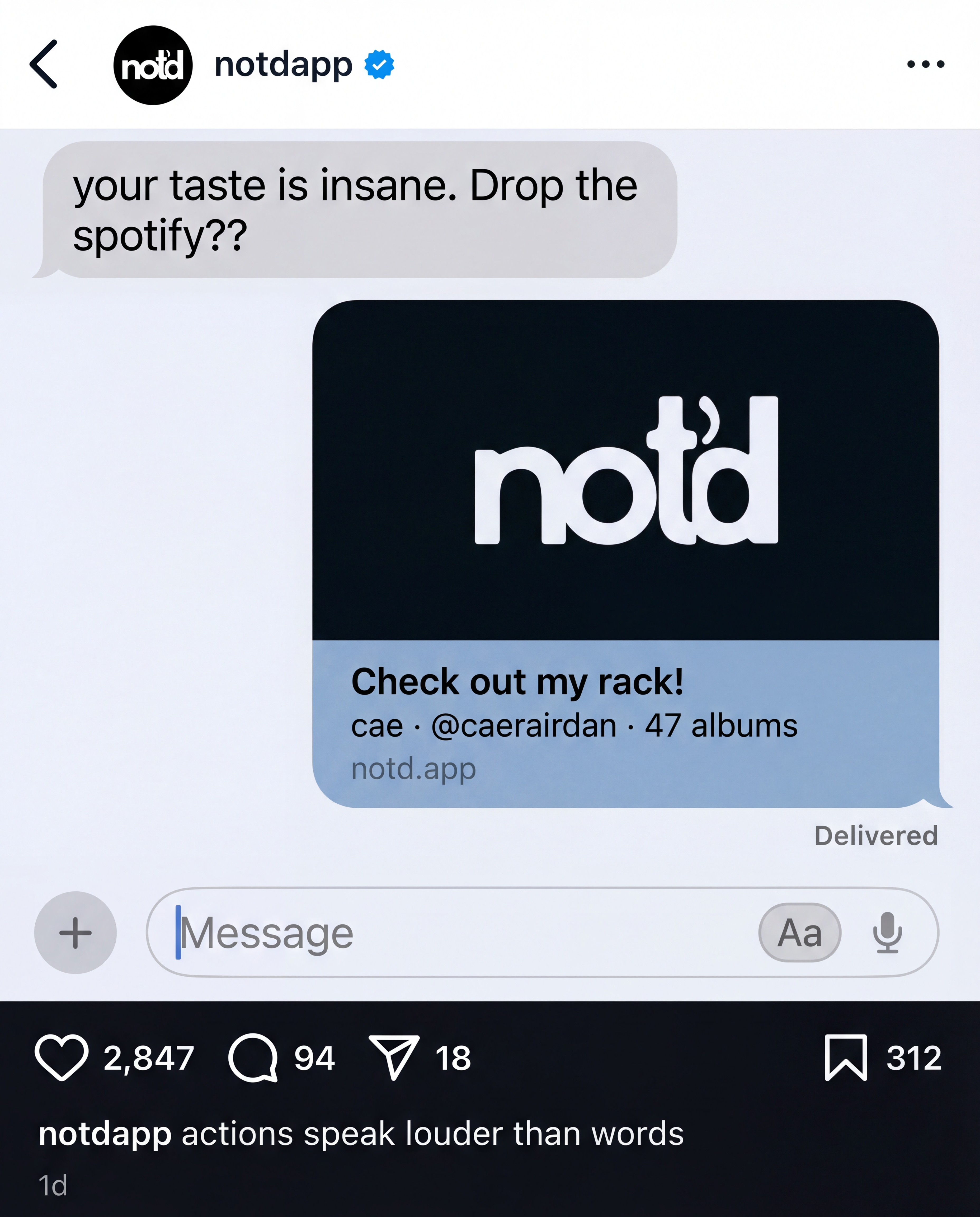 IG post showing an iMessage exchange where someone shares their notd rack